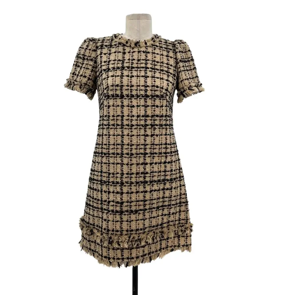 Kate Spade Two-Tone Tweed Dress Shift‎ Mini Check Plaid Tan Black Size US 2 - Picture 2 of 14